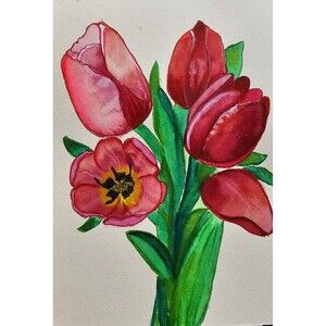 Tulips Watercolor Flowers Tulip Painting Colorful Original Art Gift Idea 6x8.5